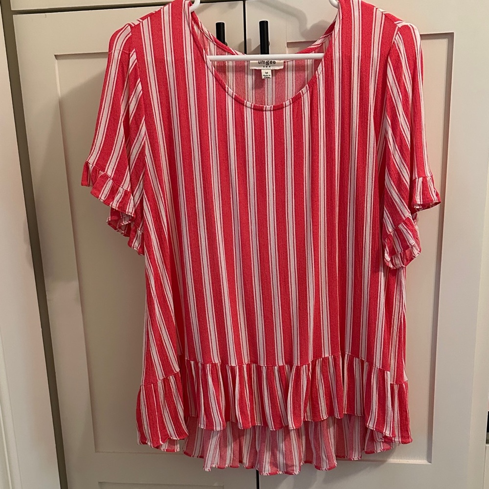 Umgee Pink and White Striped Indie Buttermom Summer Ruffle Blouse